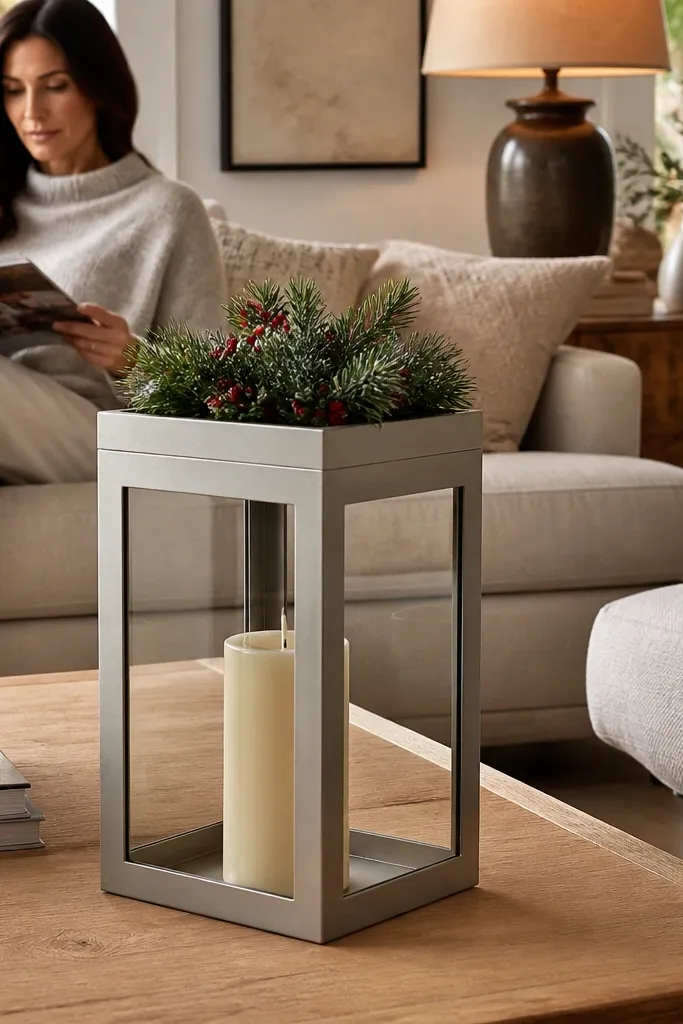 Metal lantern on tray with evergreen and a removable top insert