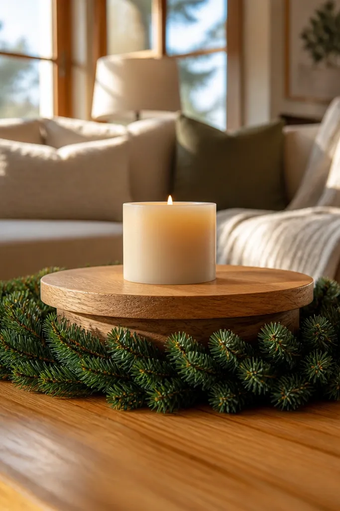 Wood riser with a loop of evergreen garland and a candle