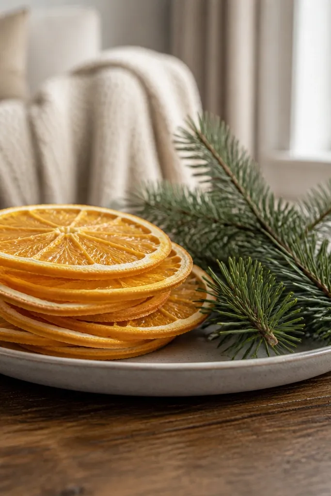 Evergreen stems with dried orange slices stacked in a small bowl