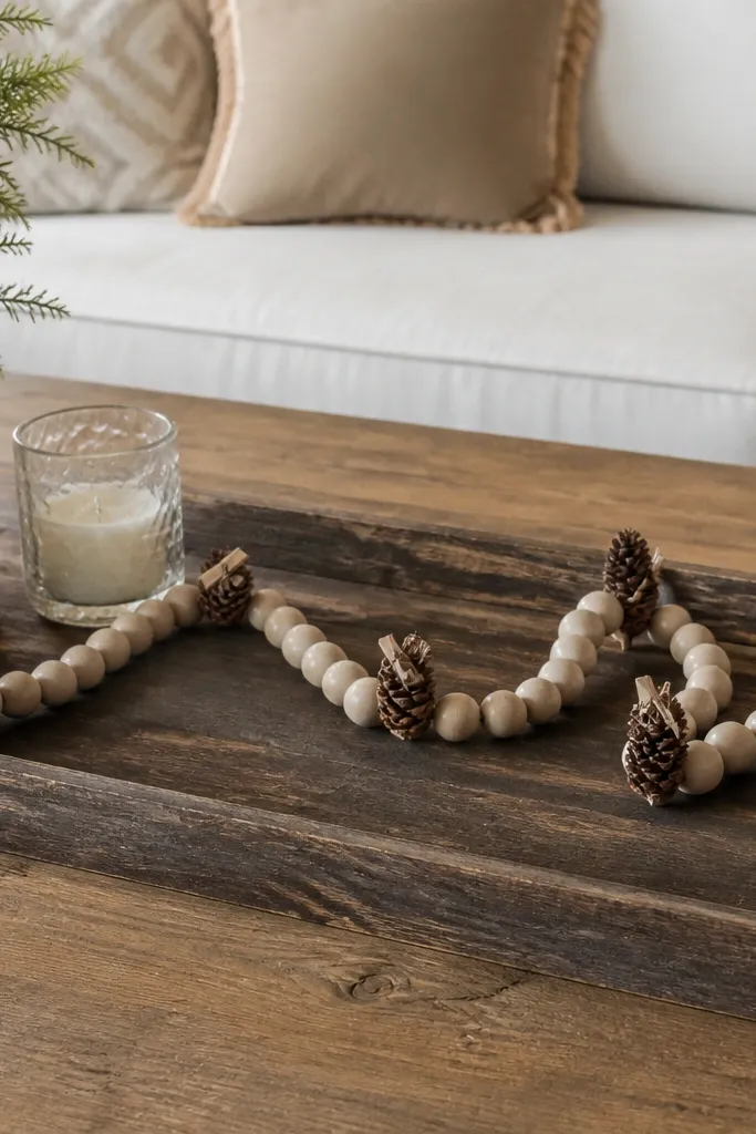 Neutral bead garland with small pinecone clips draped on a coffee table