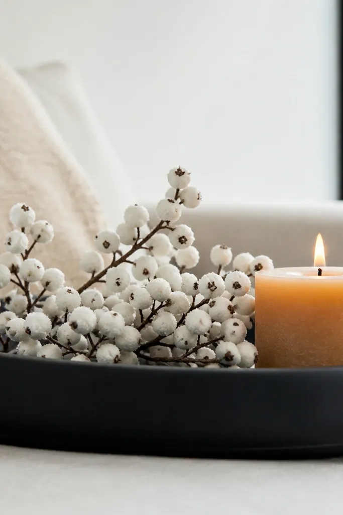 Matte black tray with white berry picks and a single candle