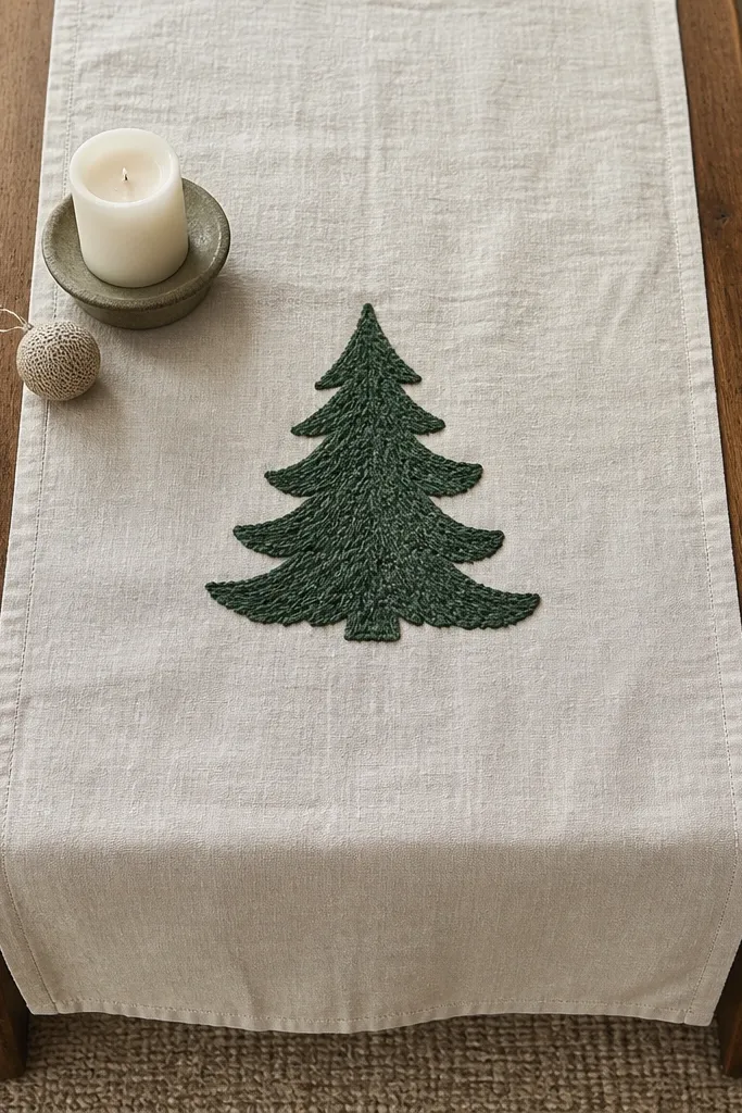 Linen runner with a stitched evergreen patch and a small centerpiece