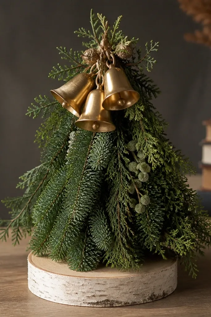 Wood slice base with evergreen picks and small brass bells