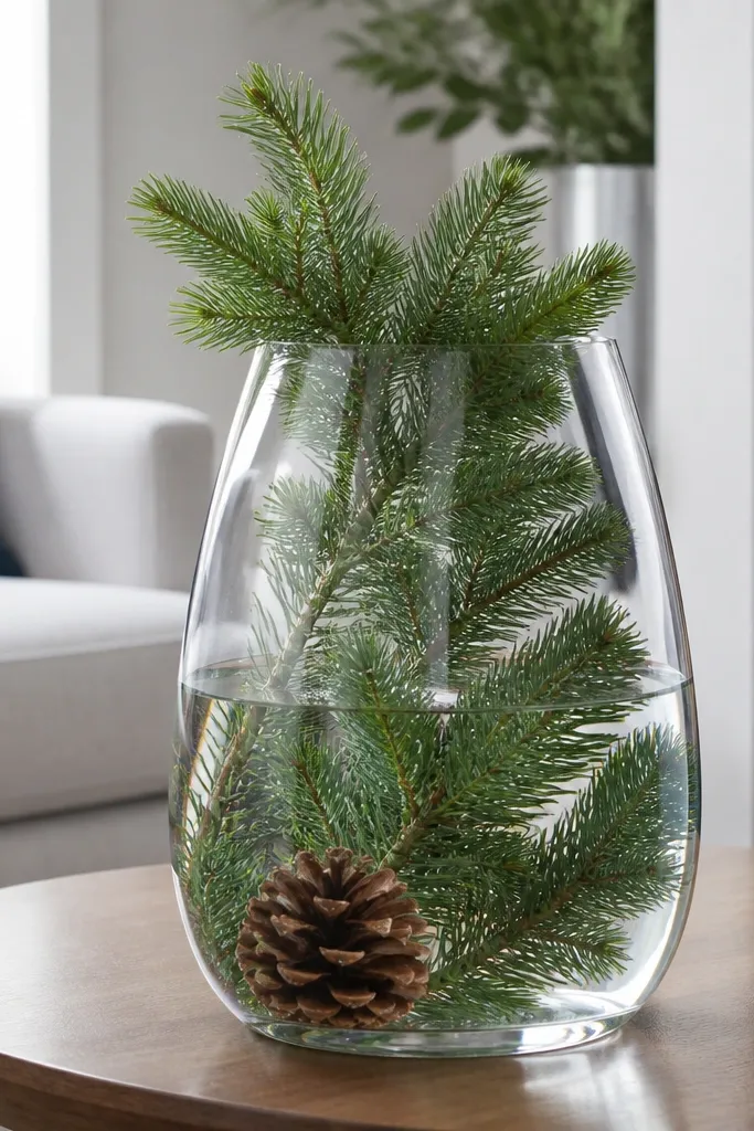 Clear vase with evergreen sprigs and one pinecone inside