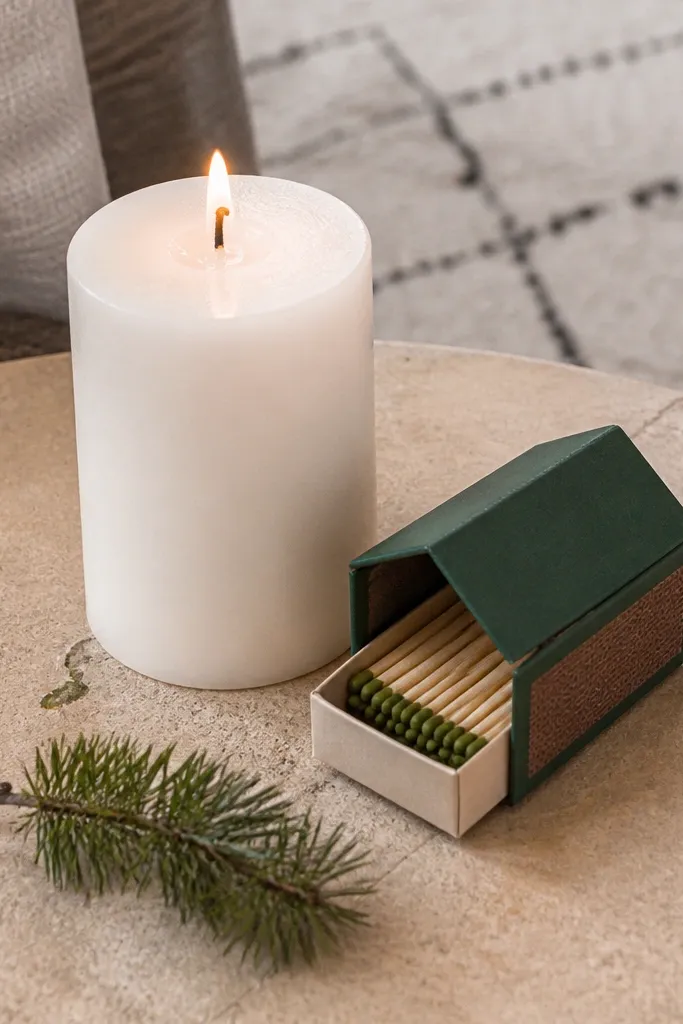 White candle with a small evergreen matchbook holder next to it