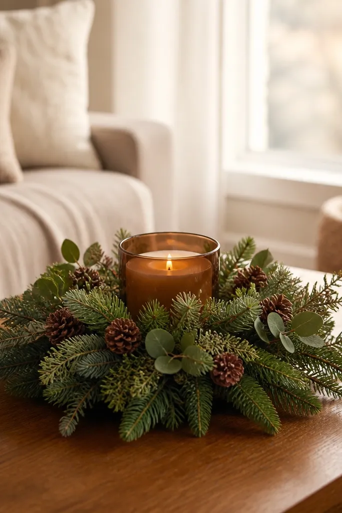 Wreath ring made of evergreen around a single pillar candle