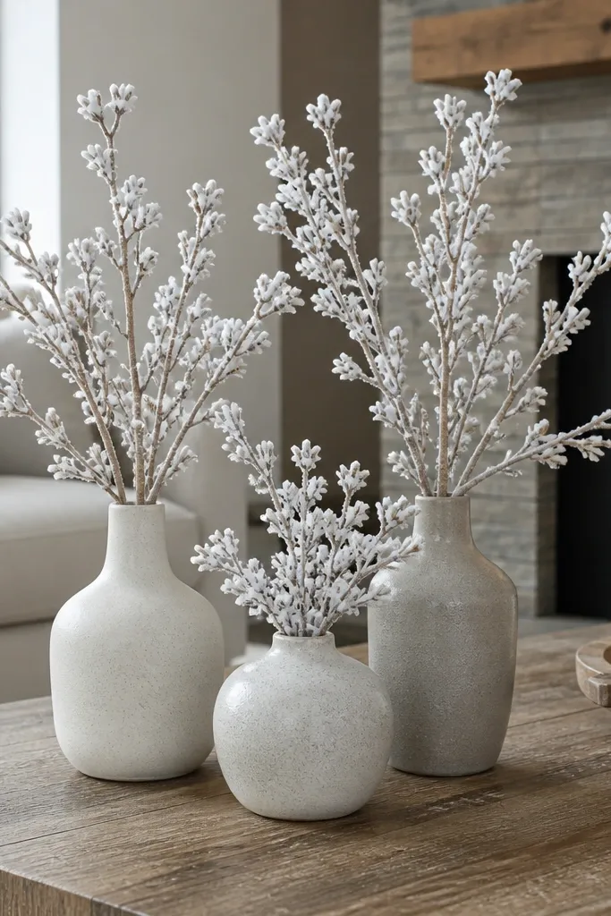Ceramic bud vase group with snowy-looking branches