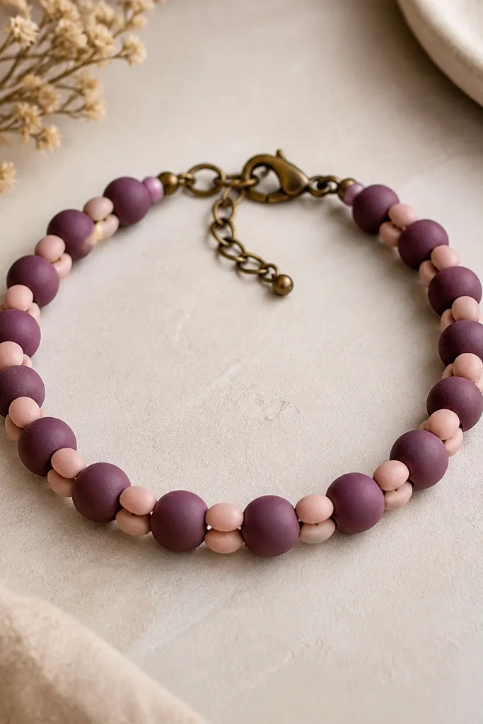A matte purple and blush pink clay bead bracelet laid flat, showing a repeating ladder pattern: larger plum beads with smaller blush beads between; the hardware is bronze-toned and warm.