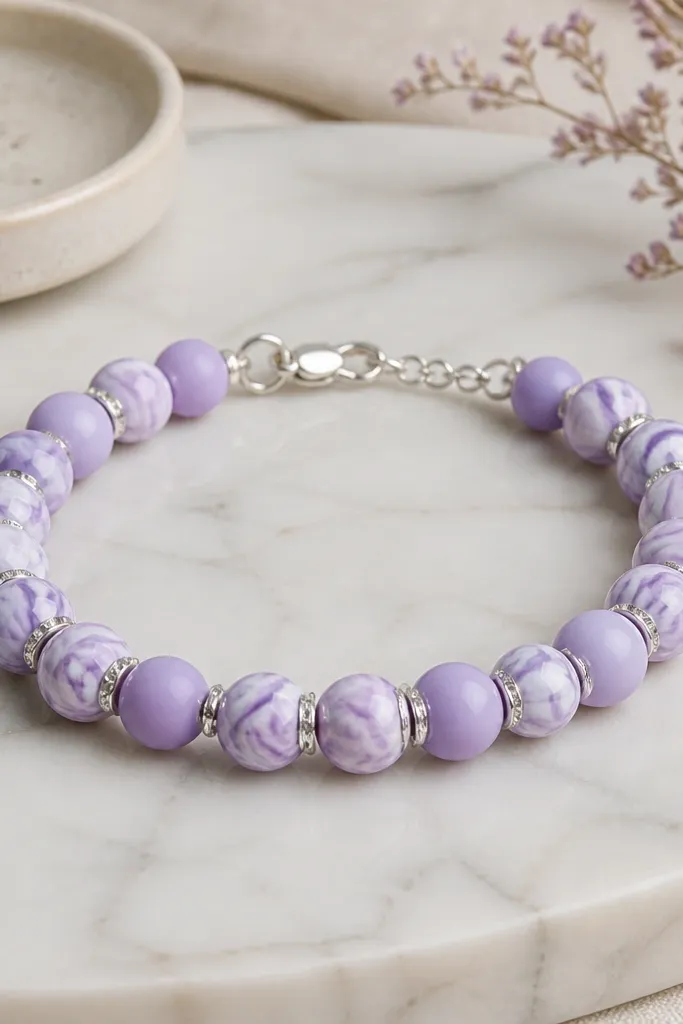 A lavender clay bead bracelet with marble-effect beads in light purple and white, plus small clear rhinestone-like spacer beads; the clasp is silver.