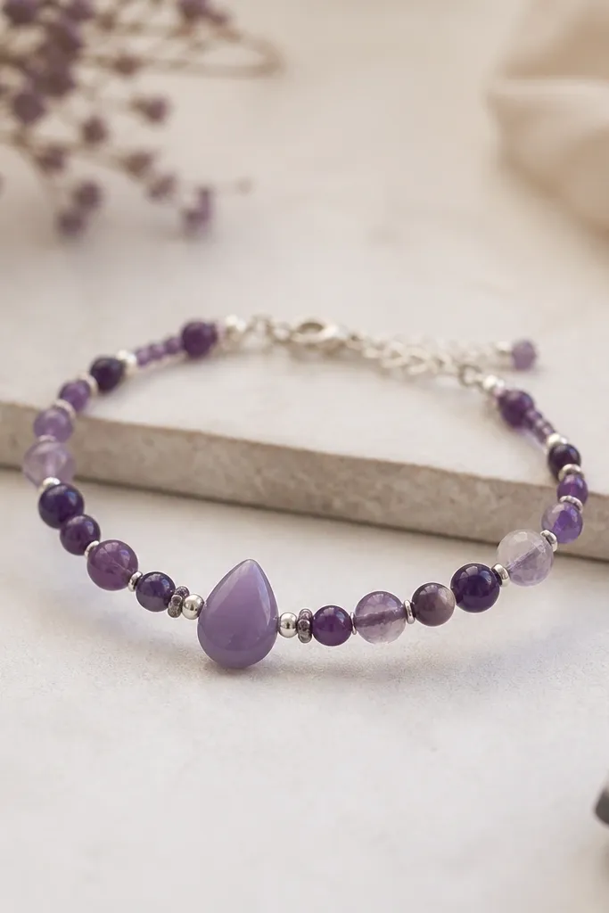A purple bracelet featuring a single amethyst-colored teardrop clay bead in the middle, surrounded by round beads and a few tiny seed beads; silver findings.