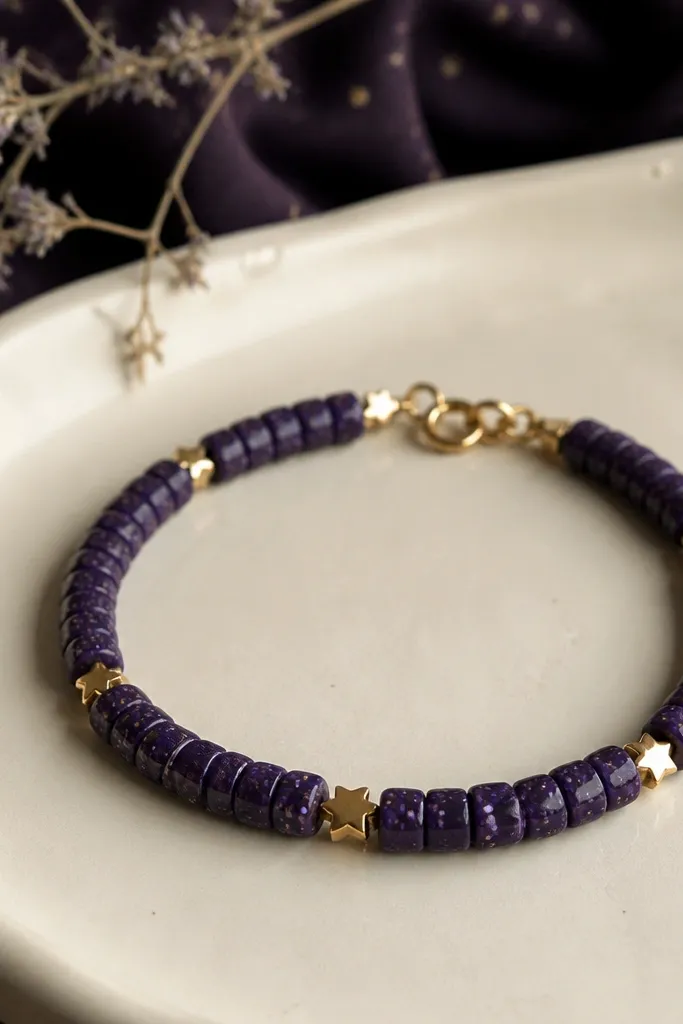 A dark purple bracelet with tiny lighter purple speckled dots on each clay bead, plus small star-shaped spacers; the overall look is night-sky themed.