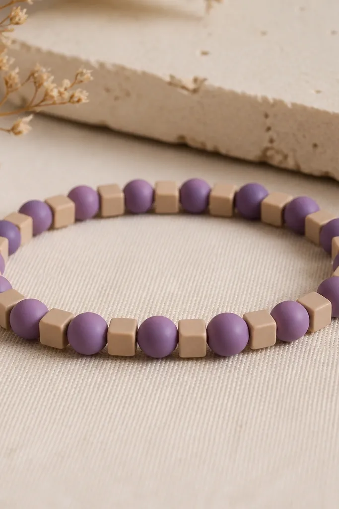A bracelet with a checkerboard pattern: alternating matte purple round beads and smaller square-cut clay spacers; it has a geometric, modern vibe.