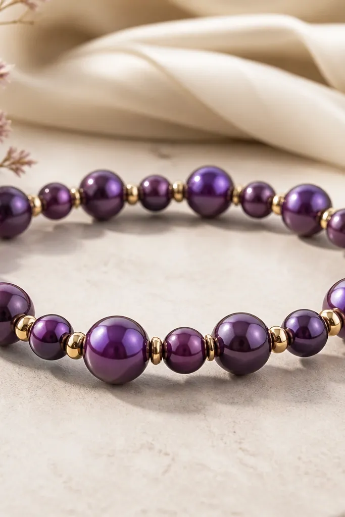 A royal purple bracelet with smooth, pearl-like clay beads in two sizes, plus tiny gold spacer beads; it looks classy and glossy.