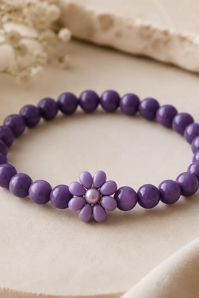 A purple bracelet with one repeated flower cluster made from small clay petals around a center bead; the rest is solid violet rounds.