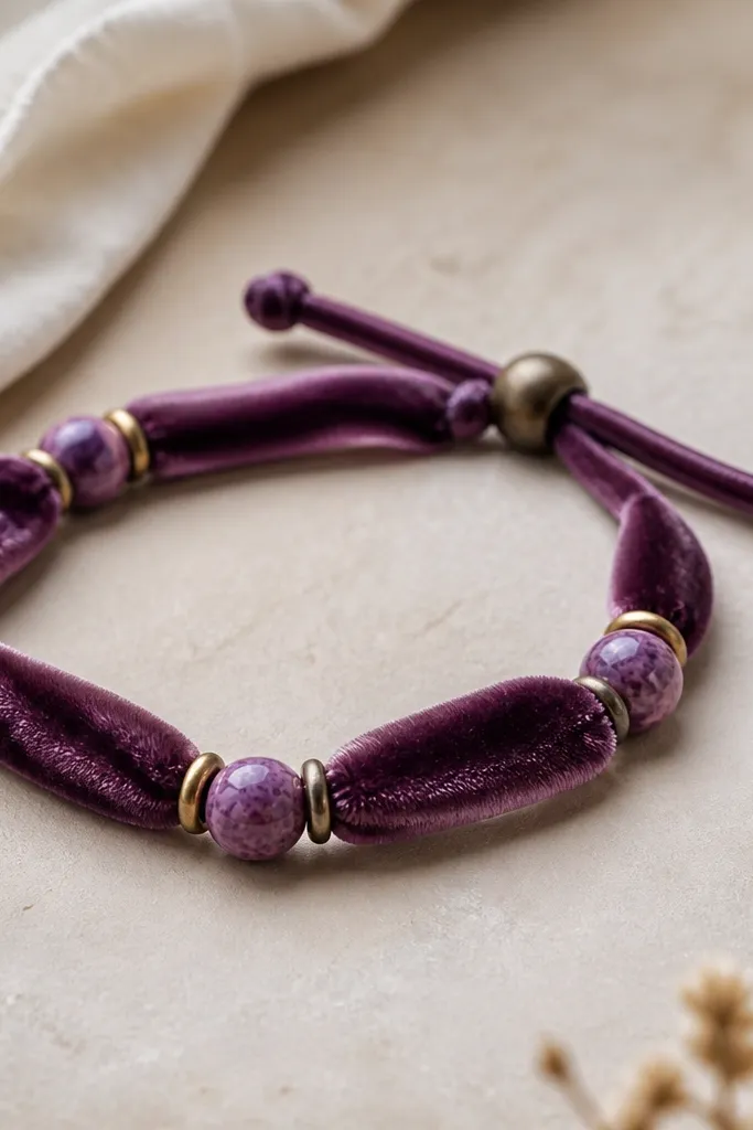 A bracelet made with plum velvet ribbon threaded through bead spacers, featuring a few purple clay beads and a sliding knot or cord stopper; it looks soft and casual.