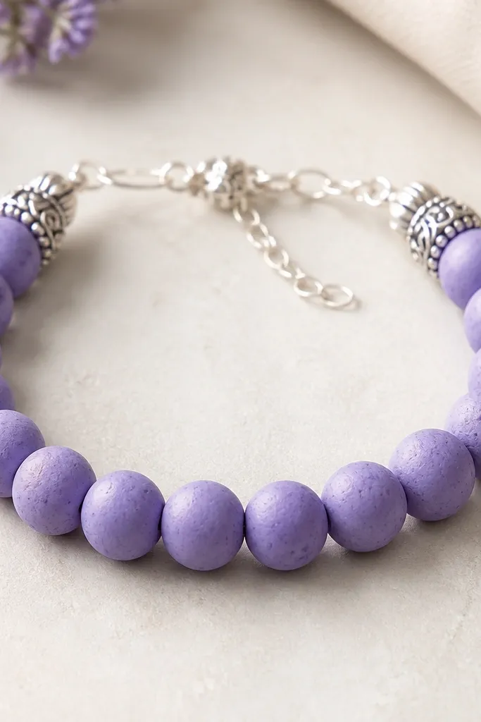 A periwinkle purple bracelet with round clay beads wrapped at the ends with ornate silver bead caps; the clasp is a delicate chain.
