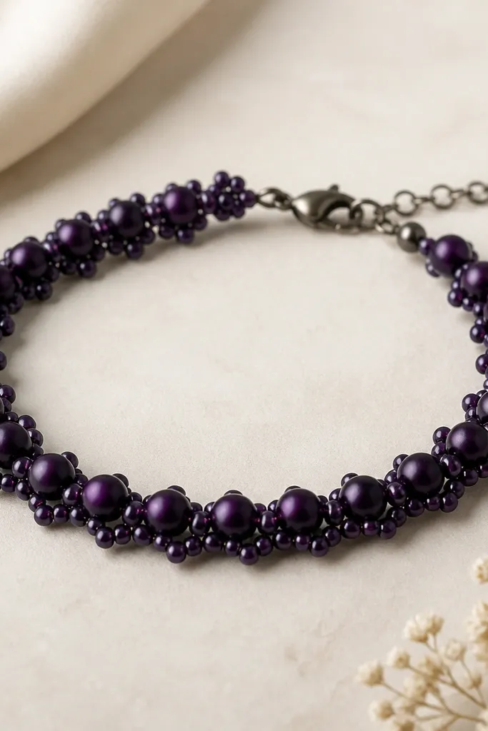 A dark violet bracelet with small round beads and tiny seed beads forming a lace-like edge near the clasp; the beads have a satin finish.