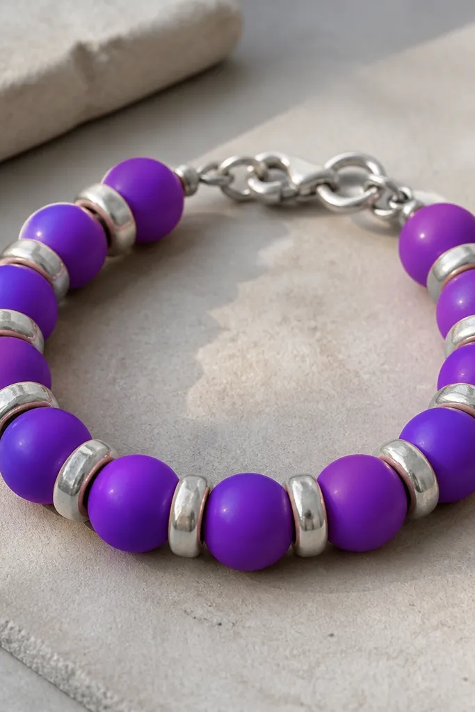 A chunky purple clay bead bracelet with large 12mm beads in bright violet, separated by wide silver spacers; it has a sturdy clasp and a slightly street-style look.