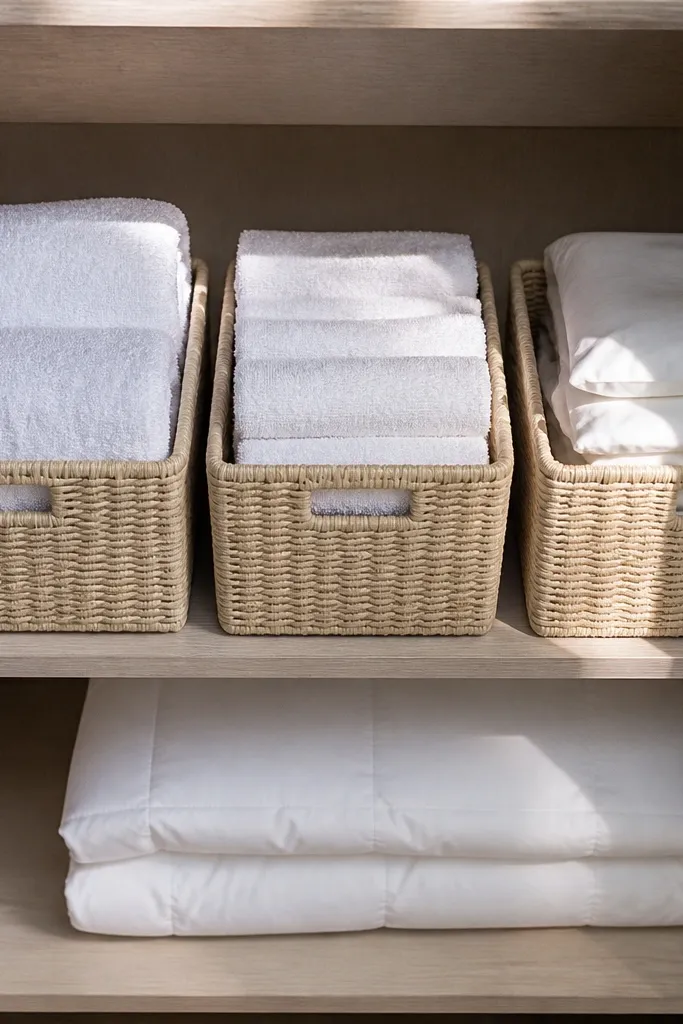White and sand bins on shelves with matching labels for towels and sheets