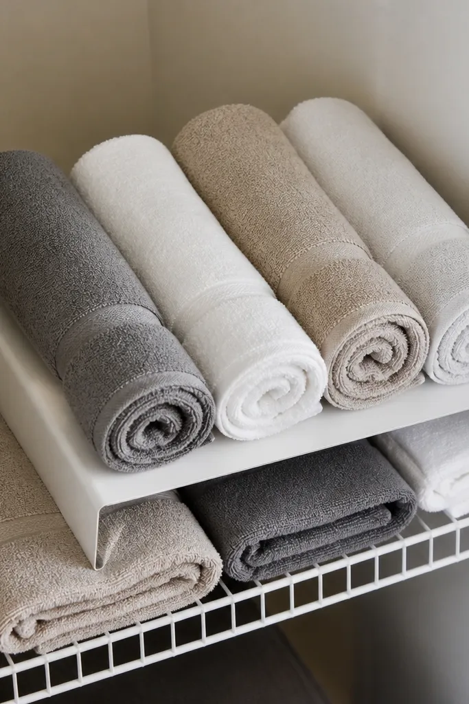 Rolled towels in a narrow tray with a riser so labels face forward