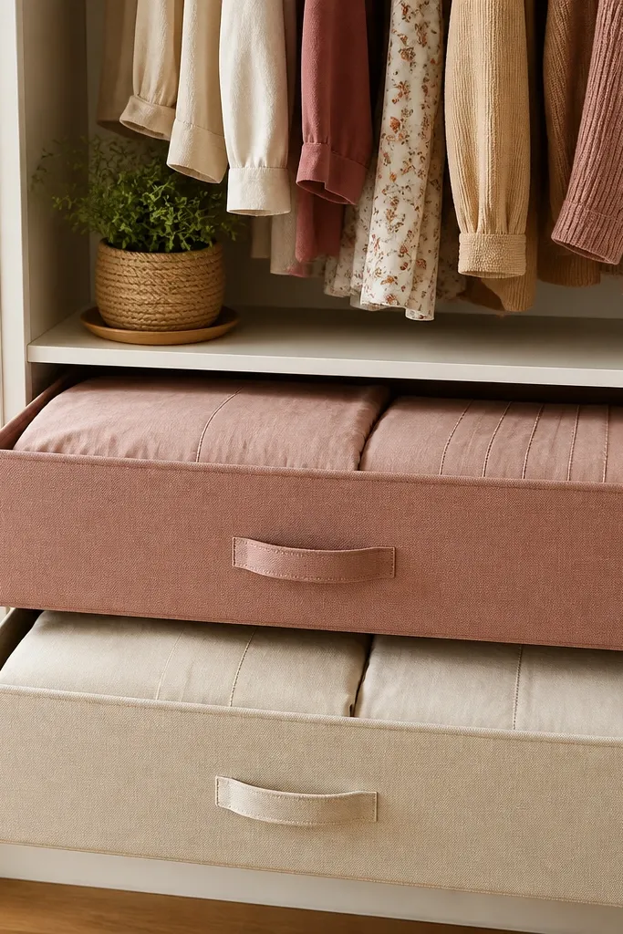 Fabric drawers on a shelf with labeled fronts for fitted sheet sets
