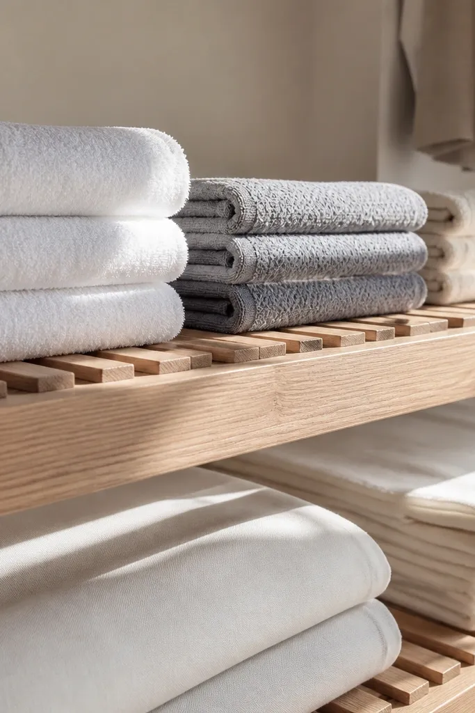 White slatted inserts on closet shelves with towels stacked neatly