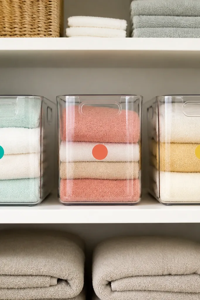 Clear bins on shelves with colored dot labels for towels and linens