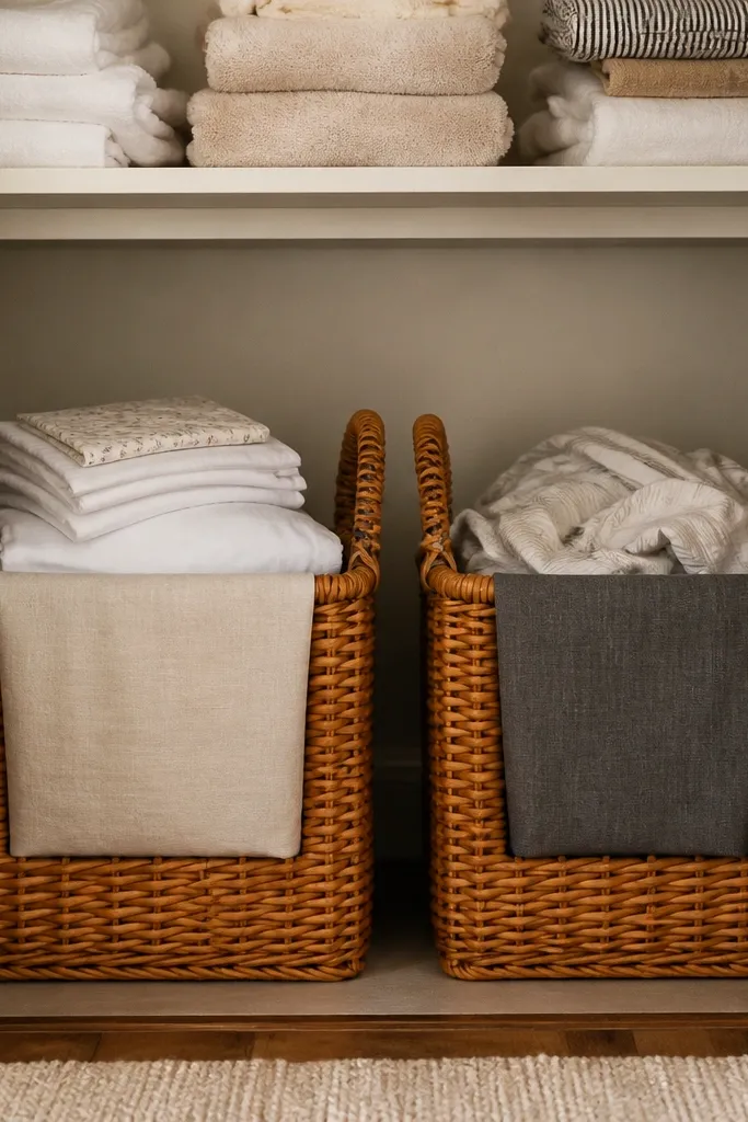Two woven hampers labeled for clean and ready-to-wash linens