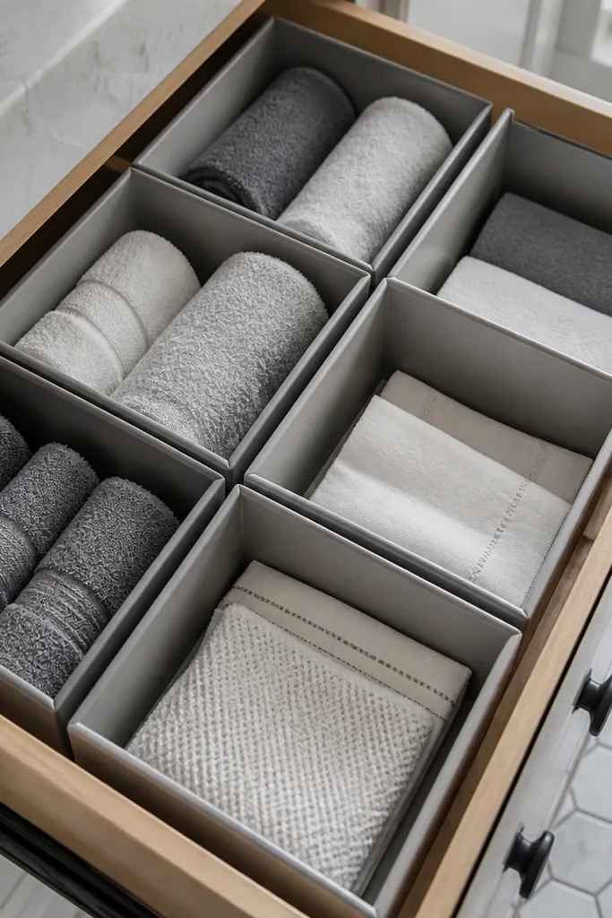 Drawer with compartment inserts holding rolled washcloths in neat rows