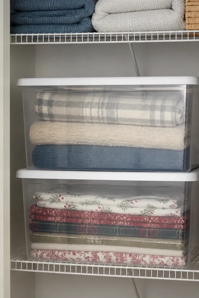 Clear-lid bins on top shelf labeled for seasonal bedding swap