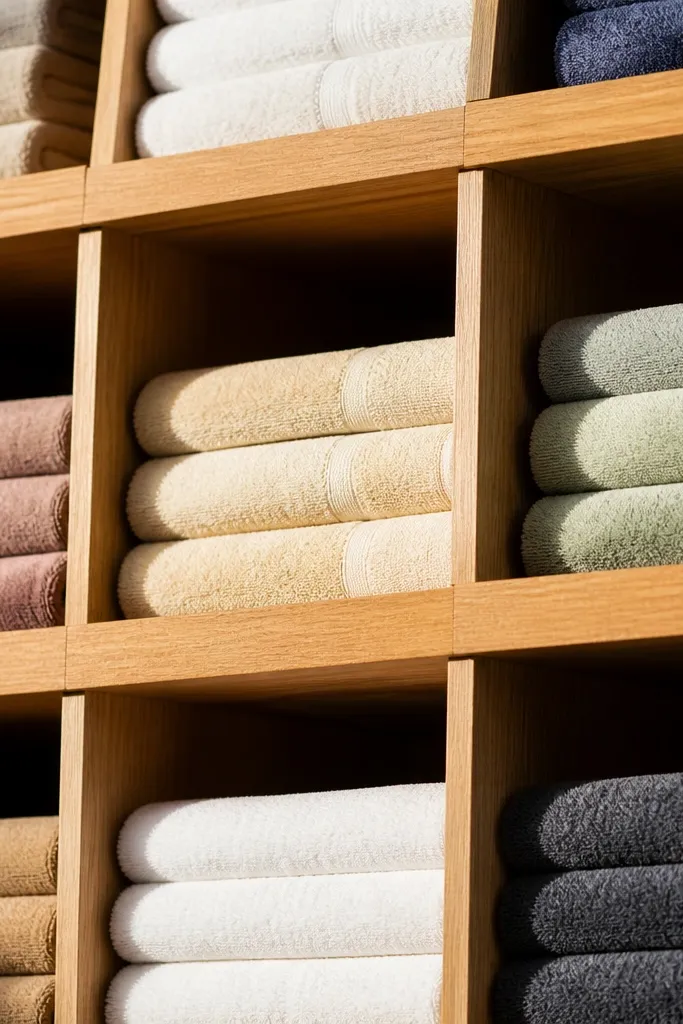 Wooden shelf divider boards separating towel stacks into tidy sections
