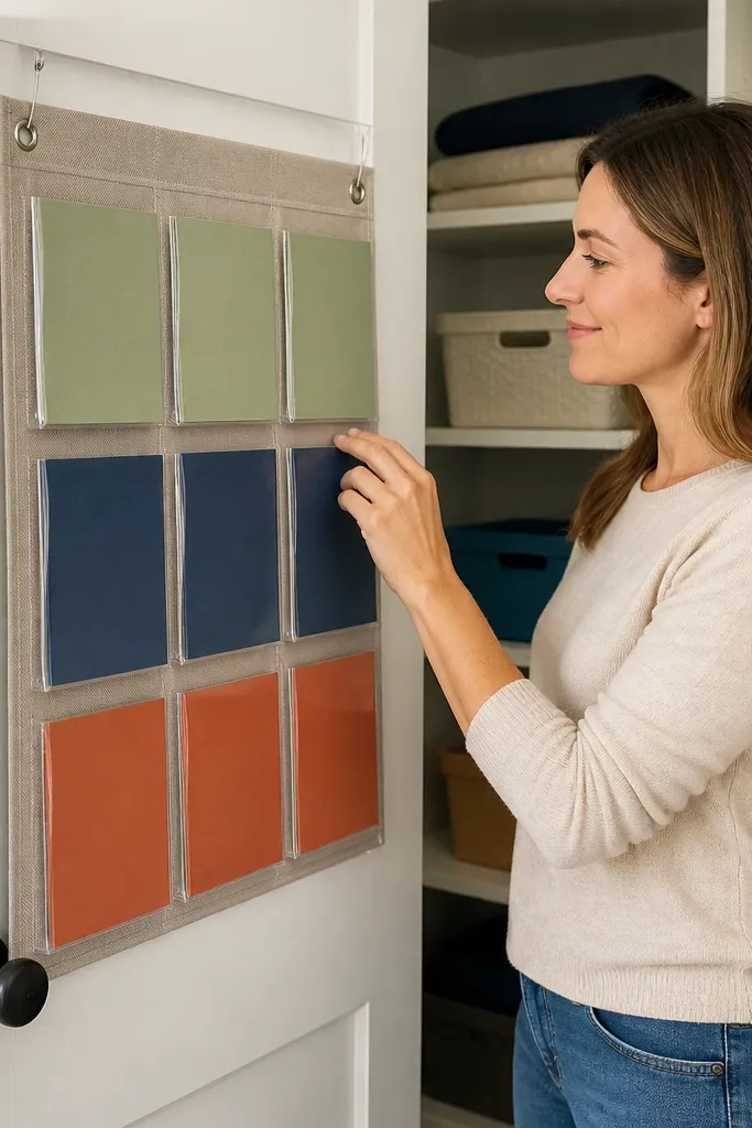 Labeled card on closet door with color swatches for each linen category