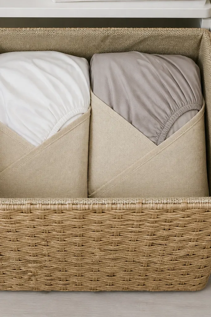 Fabric envelope pockets holding fitted sheets inside a linen bin