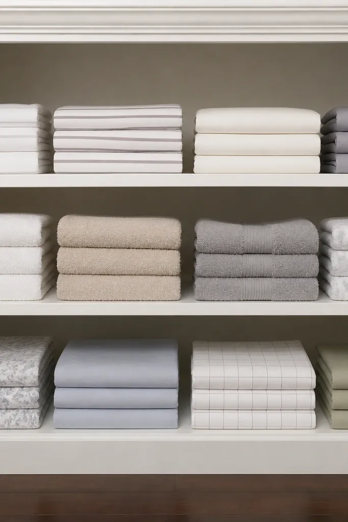 Uniform tri-fold towels and sheets stacked in straight lines on shelves
