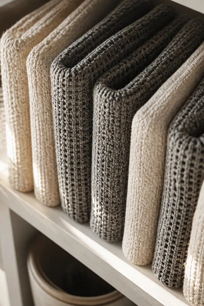 Blankets stacked vertically like books on a top shelf with labels