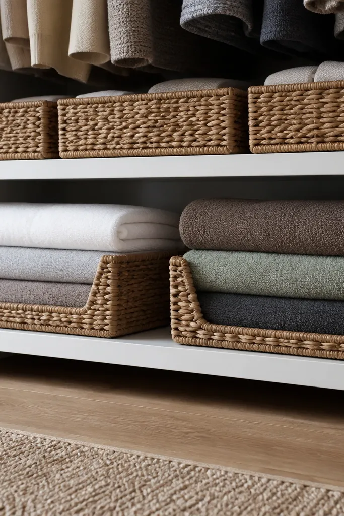 Bottom shelf with two open baskets for daily towels and washcloths