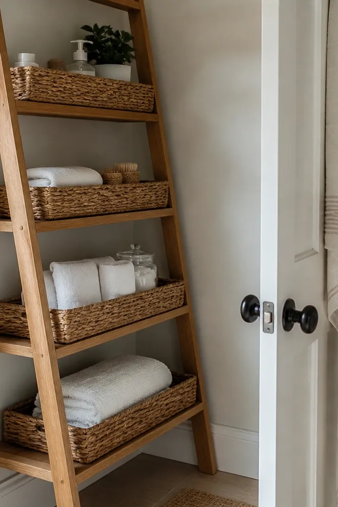 Small ladder shelf in a corner with woven baskets on each rung