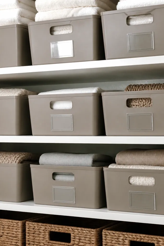 Opaque bins with clear label tags aligned at the same height