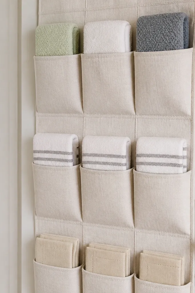 Door liner grid pockets holding folded spare washcloths and hand towels