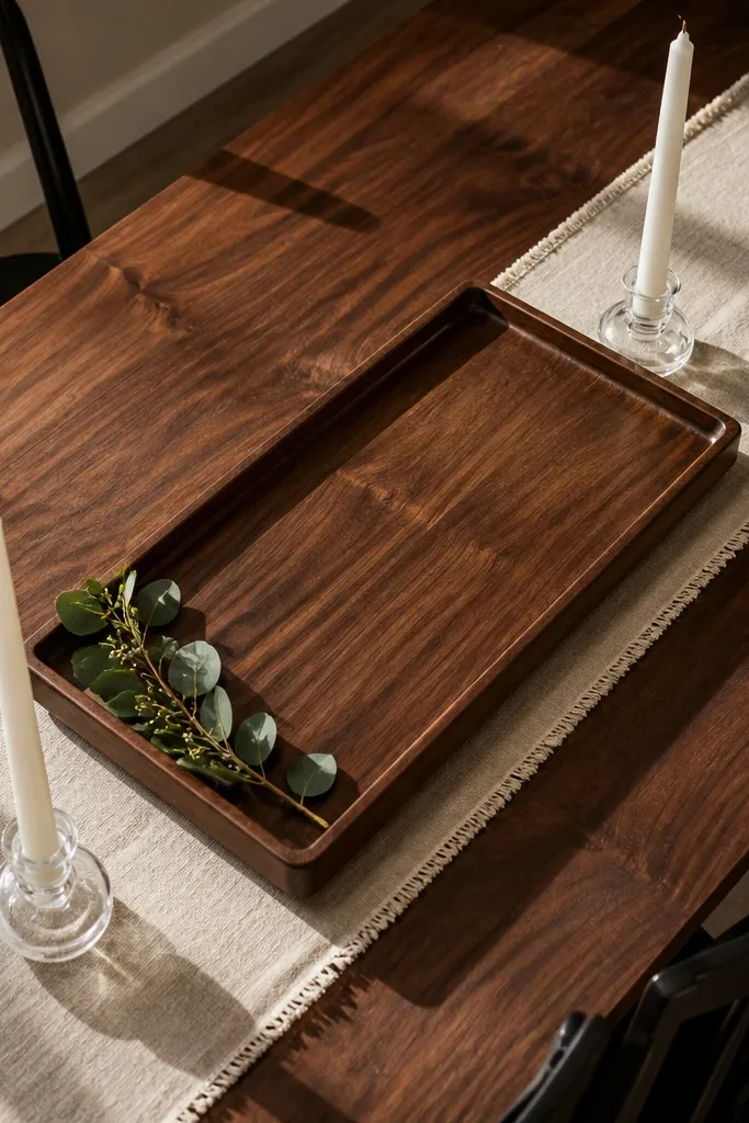 Walnut tray with two tall white candles on a light linen runner