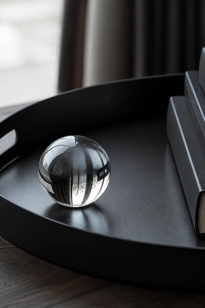 Black metal tray with clear glass sphere and stacked books
