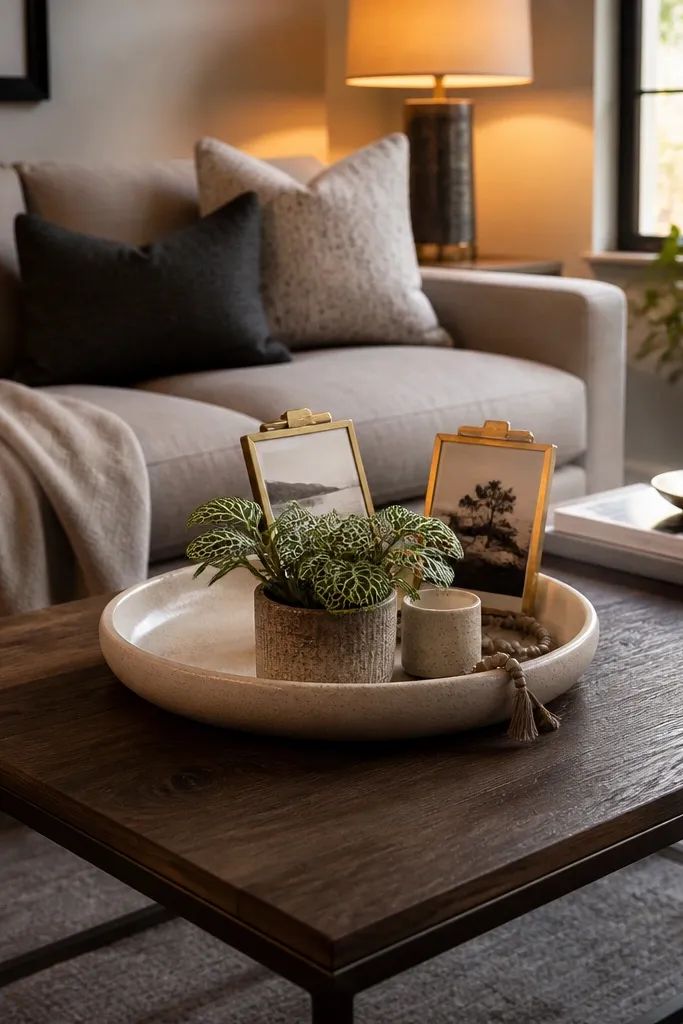 White ceramic catchall with small gold frames and a mini potted plant
