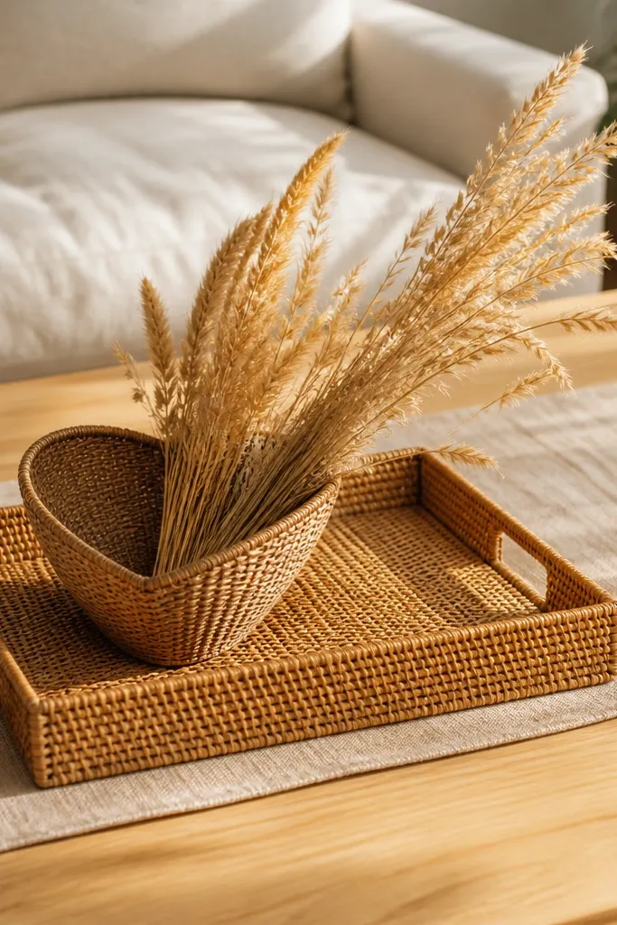 Woven tray with rattan bowl and dried grasses