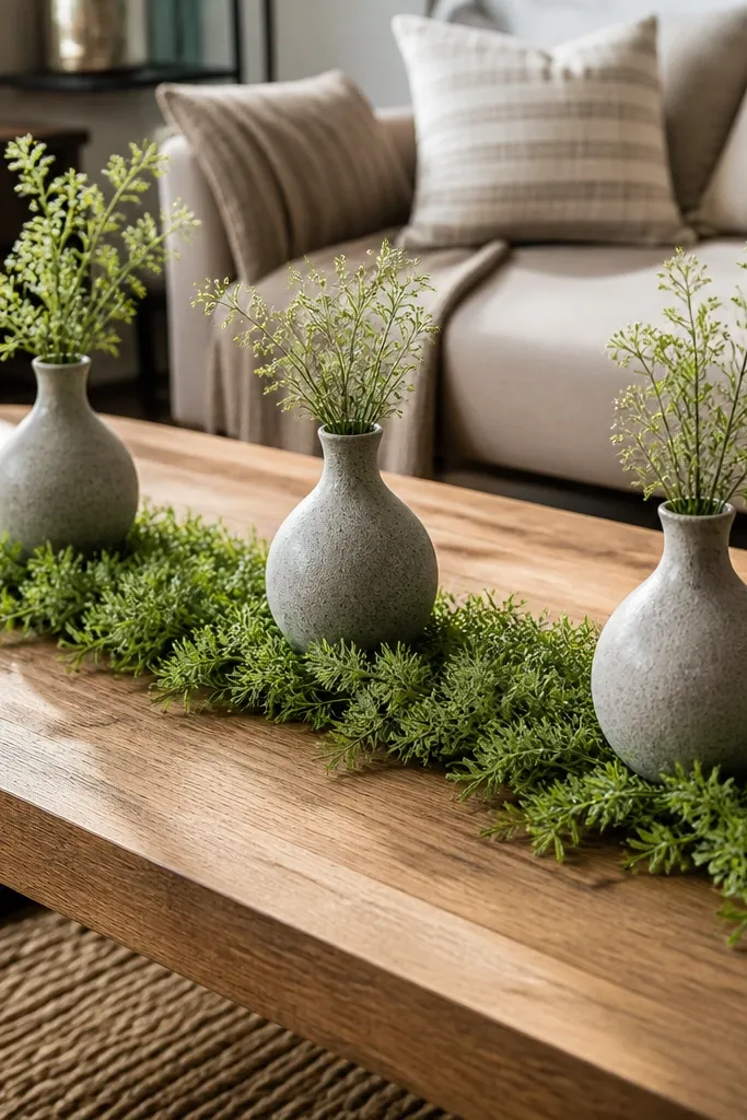 Stoneware bud vases with a long green runner arrangement