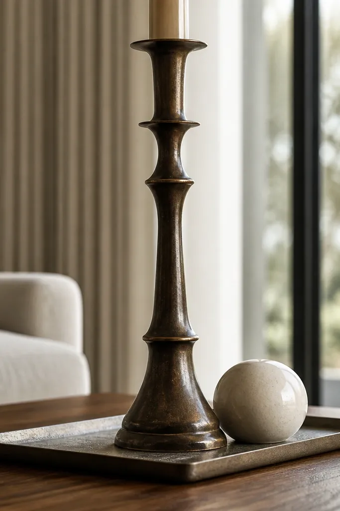 Rectangular tray with one tall candlestick and a small orb decor