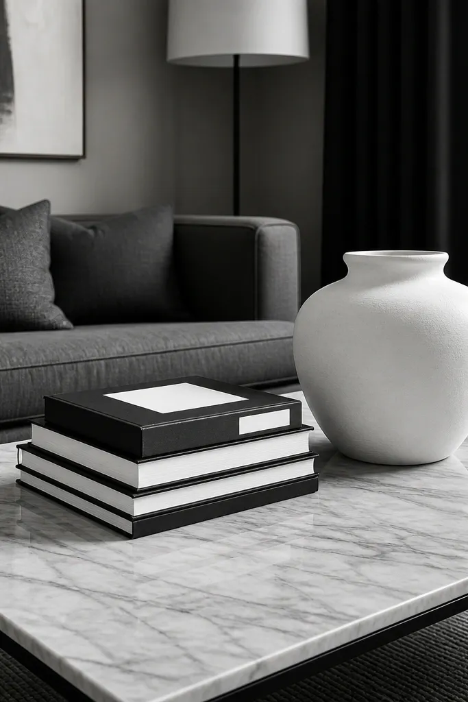 Monochrome book stack topped with an oversized white vase