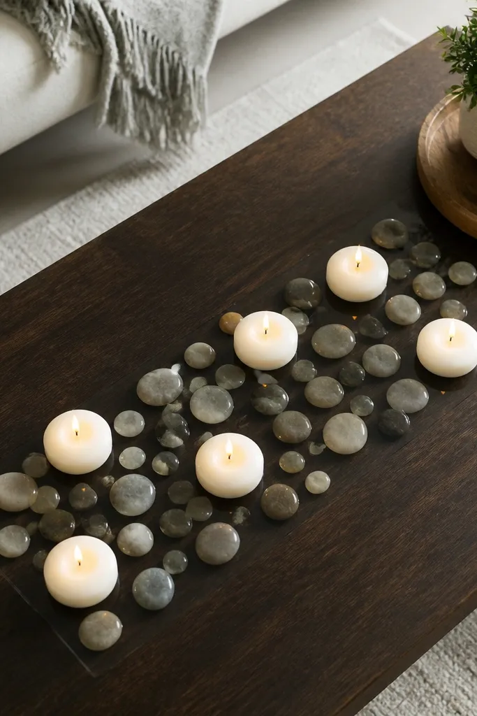 Clear acrylic tray with floating candles and river stones