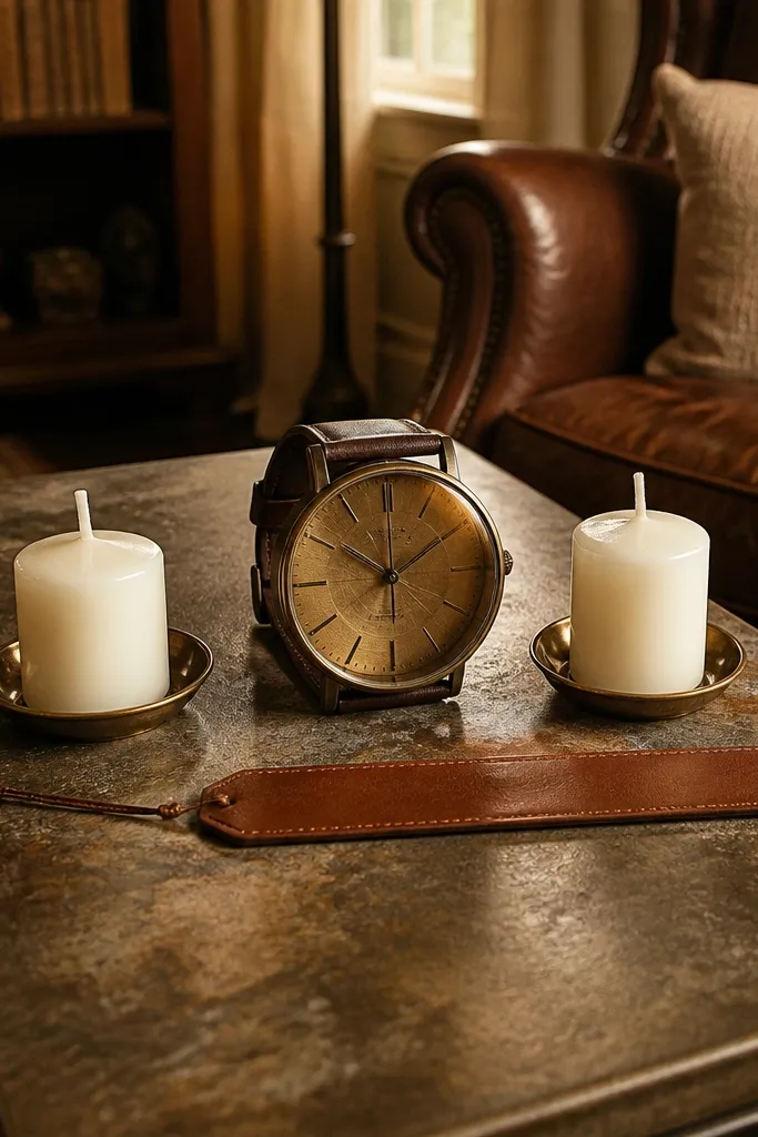 Small vintage clock with two candles and a leather accessory on a tray