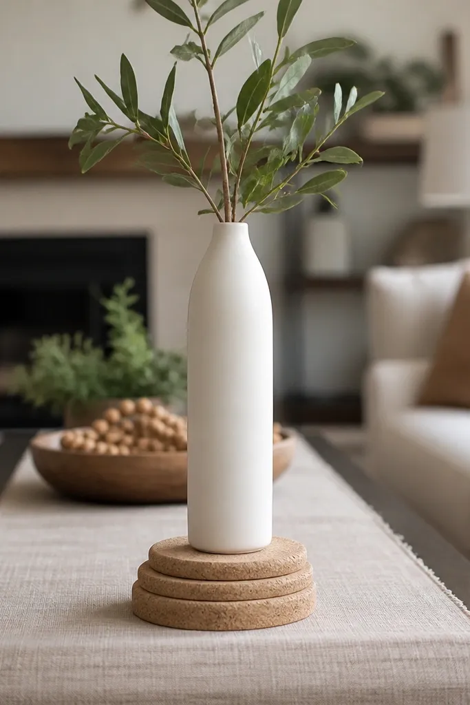 Linen runner with stacked coasters and a tall narrow vase