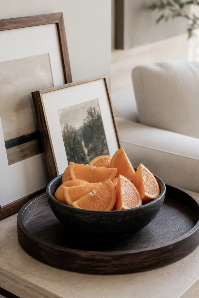 Round tray with faux citrus and a leaning picture frame on a rectangle table